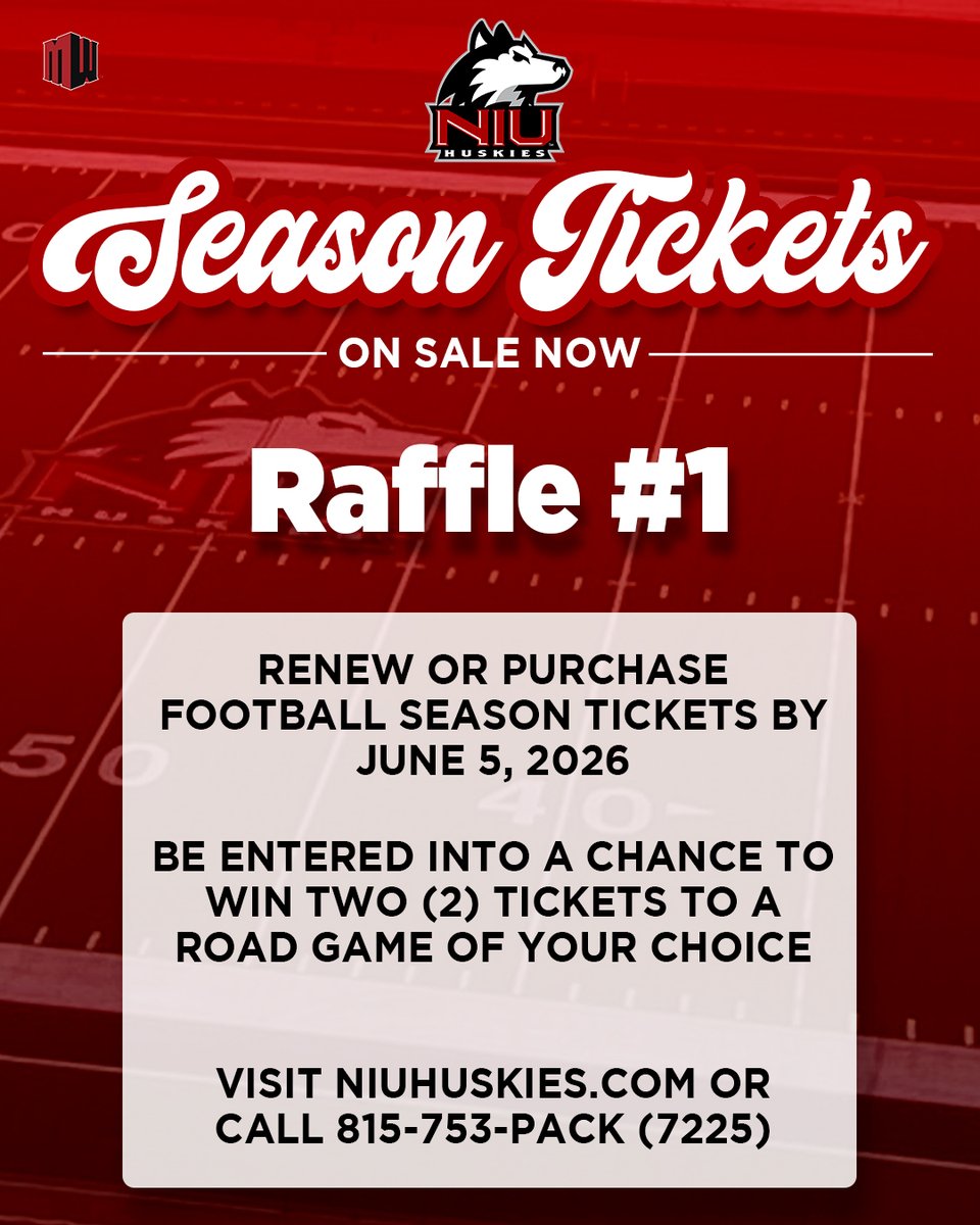 NIUAthletics's tweet photo. First June raffle hits Friday- renew or purchase season tickets today to be entered in the first raffle prize—2 tickets to any road game. We have raffle prizes all month long 🐾

Secure your seats for our Mountain West season. 

Ready to renew or purchase?
🎟️: https://t.co/XwVf042EsP

#GoHuskies | #TheHardWay