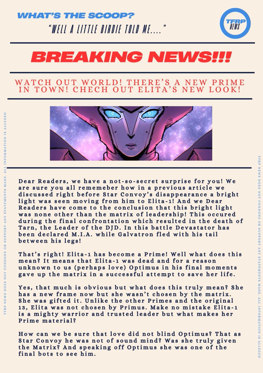 TFRP_NewsLetter's tweet photo. Dear Readers, do we have fantastic news for you‼️ Elita-1 is no more! Now, introducing the spectacular Elita Prime ‼️‼️

Read our article all about the final battle before Optimus' disappearance and Elita's new ascension‼️‼️ 

Congratulations @dearcybertron ‼️‼️ https://t.co/JW17ciYqd8