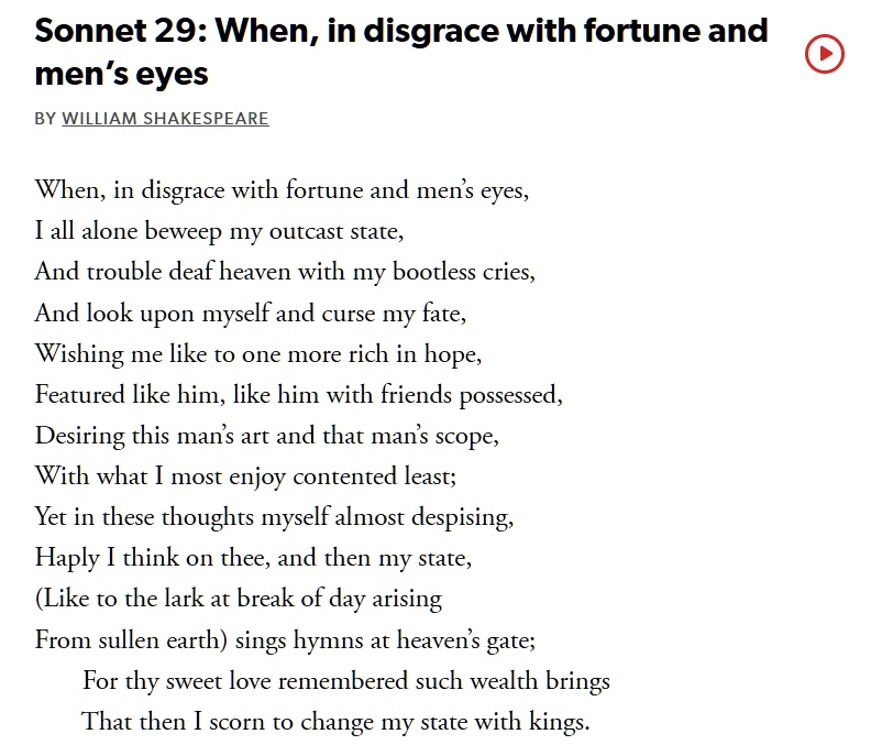 Loster's tweet photo. Such a beautiful sonnet I came across recently from Billy Shakes.

Can't stop thinking about the contrasted almost onomatopoeic rhyming of:

"myself almost despising"
and
"like to the lark at break of day arising" https://t.co/kWUlY9wYSk
