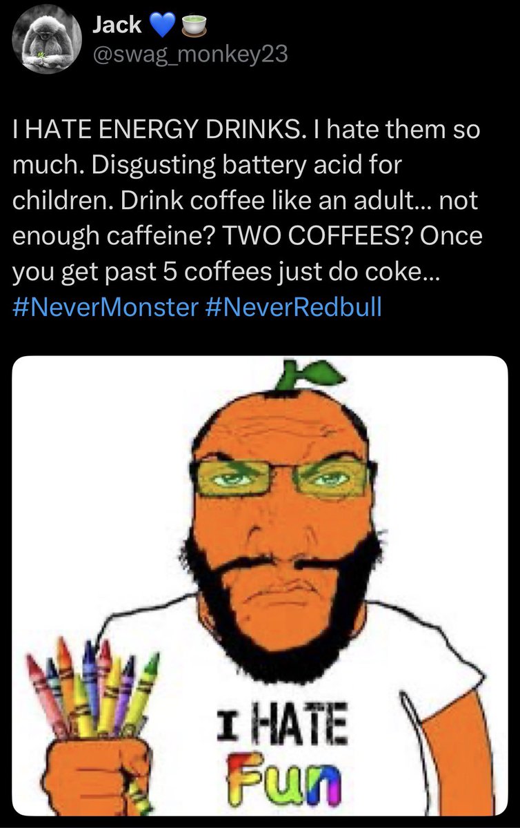 swag_monkey23's tweet photo. This is the logical conclusion of energy drink “culture.” I was called insane for speaking out about this two years ago. https://t.co/JxlsglSw2A