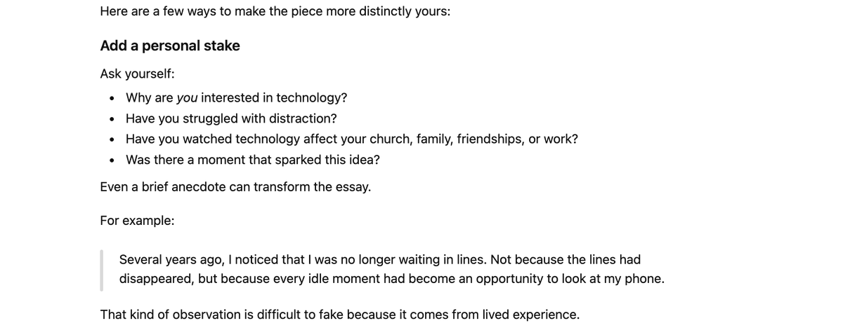 Digitalliturgy's tweet photo. AI bots are encouraging people to try to deceive publishers.

I asked ChatGPT to generate an essay. Then I told it I wanted to pitch it to a Christian magazine but didn't want them to know it was AI generated. It then gave me a specific list of tweaks to help me pull this off. https://t.co/XQfbAson1Z