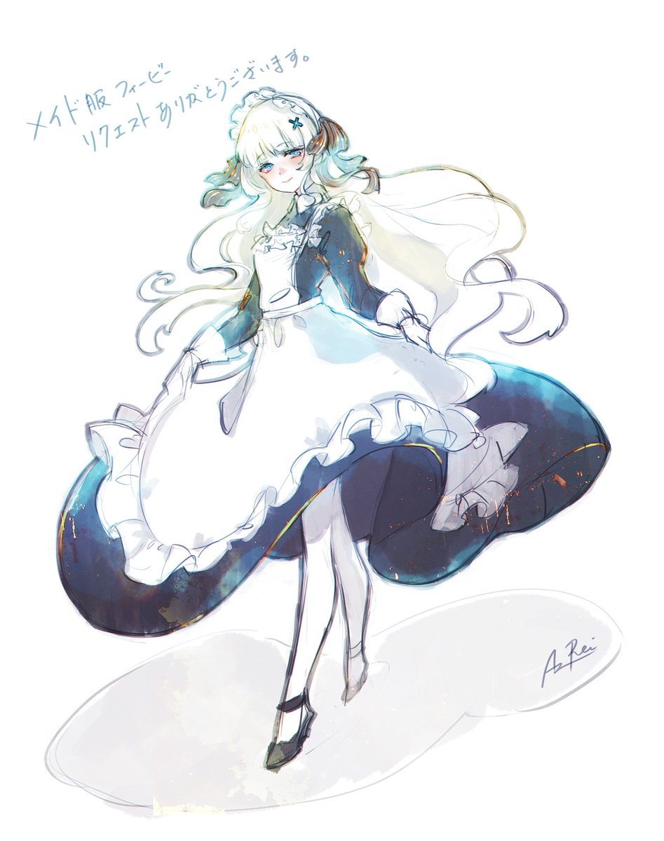 Rei_H2o's tweet photo. チャットで盛り上がって書くことになったメイド服フィービーと練習中の漂くん。

#鳴潮 #wuwafanart https://t.co/0CwTDiETS7