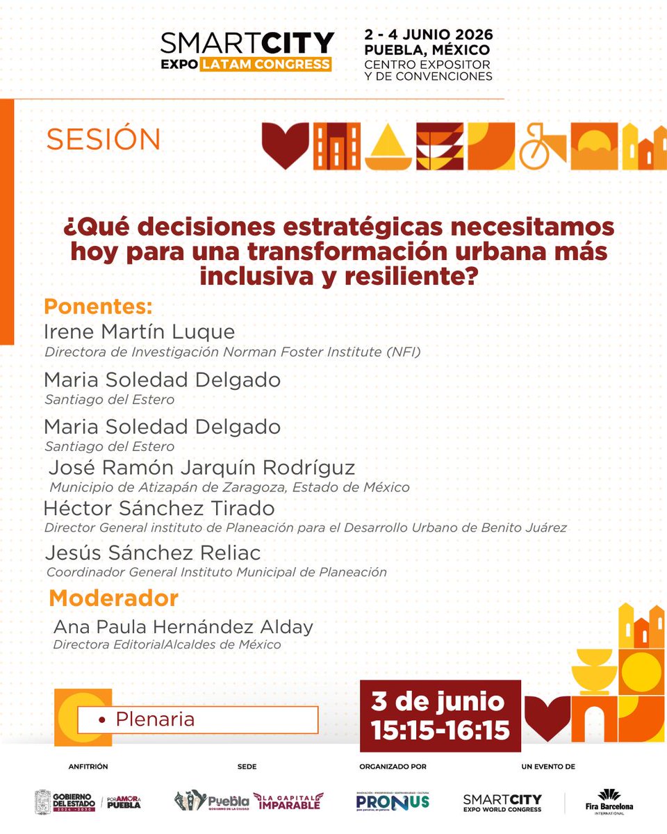 SmartCityLATAM's tweet photo. La consolidación de metrópolis más humanas, equitativas y dinámicas requiere de un espacio de análisis profundo donde se compartan estrategias replicables, alianzas estratégicas y visiones de alto impacto regional. 🌉📲

Nos complace presentar la agenda de actividades programadas para el 3 de junio en el Smart City Expo LATAM Congress. Desliza el carrusel para conocer la diversidad de temáticas clave, conferencias y paneles que marcarán el rumbo de esta gran jornada.🖥️

Durante este día, expertos y líderes de opinión se reunirán para debatir sobre las soluciones que transforman los entornos urbanos:

Arma tu itinerario, asiste a las diferentes mesas de diálogo del 3 de junio y sé parte activa de la conversación que define el futuro urbano de América Latina. ¡Te esperamos en Puebla!

Asegura tu participación en el enlace de nuestra bio. O
https://t.co/sezep5nXIH
#SCELC26 #SmartCityLatam #Puebla
#ProgramaDeSesiones #InnovacionUrbana 🏢🌇