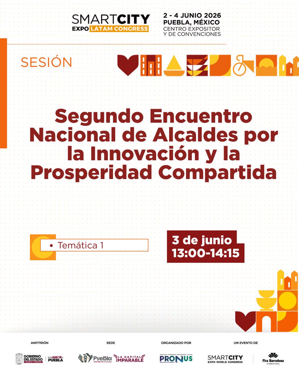 SmartCityLATAM's tweet photo. La consolidación de metrópolis más humanas, equitativas y dinámicas requiere de un espacio de análisis profundo donde se compartan estrategias replicables, alianzas estratégicas y visiones de alto impacto regional. 🌉📲

Nos complace presentar la agenda de actividades programadas para el 3 de junio en el Smart City Expo LATAM Congress. Desliza el carrusel para conocer la diversidad de temáticas clave, conferencias y paneles que marcarán el rumbo de esta gran jornada.🖥️

Durante este día, expertos y líderes de opinión se reunirán para debatir sobre las soluciones que transforman los entornos urbanos:

Arma tu itinerario, asiste a las diferentes mesas de diálogo del 3 de junio y sé parte activa de la conversación que define el futuro urbano de América Latina. ¡Te esperamos en Puebla!

Asegura tu participación en el enlace de nuestra bio. O
https://t.co/sezep5nXIH
#SCELC26 #SmartCityLatam #Puebla
#ProgramaDeSesiones #InnovacionUrbana 🏢🌇