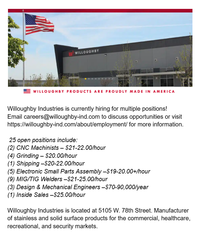 AndersonWorkOne's tweet photo. Willoughby Industries is currently hiring for multiple positions!

Email careers@willoughby-ind.com to discuss opportunities or visit https://t.co/kWJoPeulzT for more information. https://t.co/C7NwfvsOWY