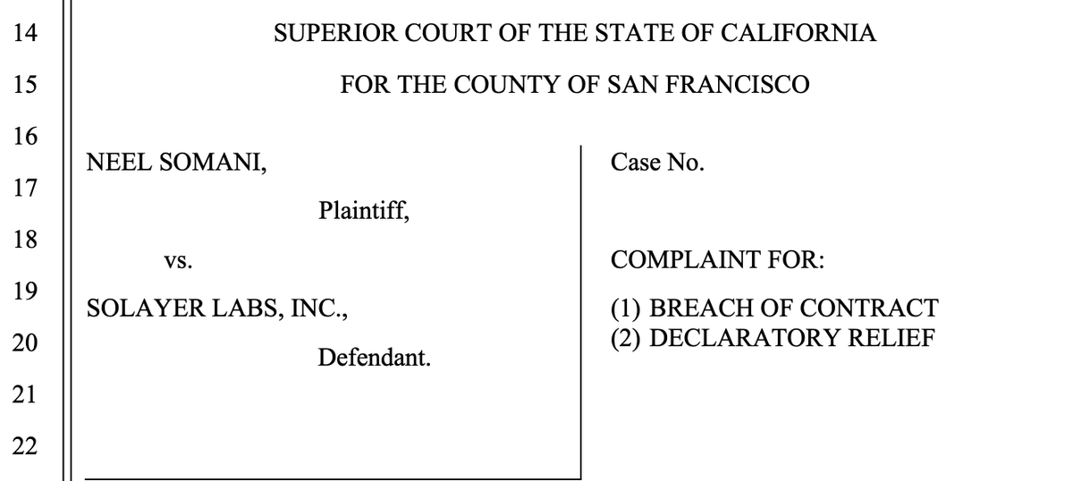 whosknave's tweet photo. Interesting one that I missed: Neel Somani sued Solayer last year. Solayer brought Somani on as a strategic advisor in exchange for 0.75% of the token supply, worth over $20 million at peak, but terminated the agreement before TGE due to online allegations of sexual harassment against Somani.

What strategic advice did Somani give? Per the lawsuit, he made an introduction with an investor and advised Solayer co-founder Rachel Chu on how to sell tokens/equity on secondary markets before and around the time of Solayer's TGE.

Case was filed in San Francisco district court. Link: https://t.co/YAFZpTOG27