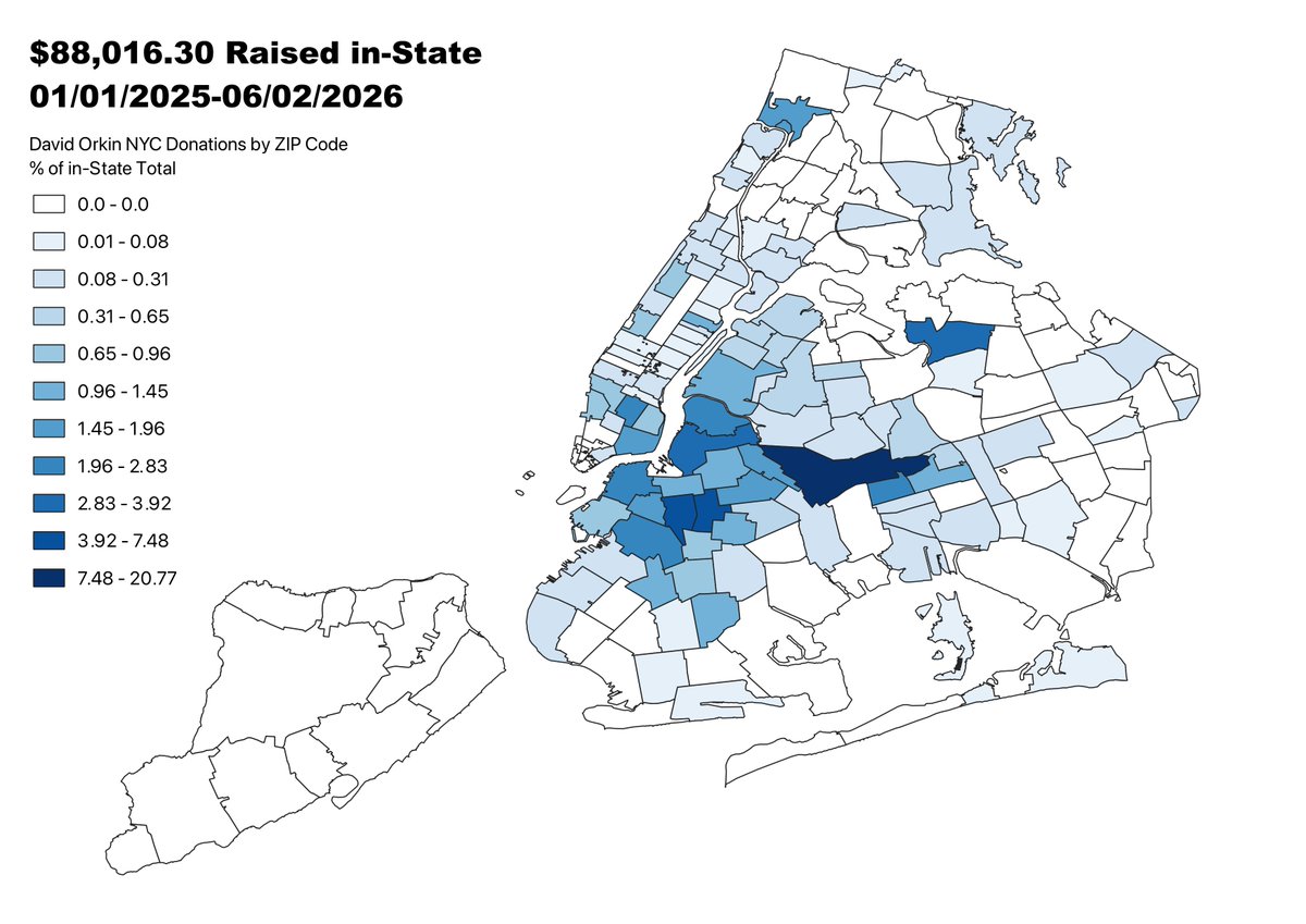 RBroszkowski's tweet photo. Based on NYSBOE data, here are where various @NYWFP and @nycDSA candidates are receiving their campaign donations from across New York City compared to their opponents. 🧵

In Assembly District 38, @david4queens (Blue) vs. @JeniferRajkumar (Orange) https://t.co/oO56DM4IyD