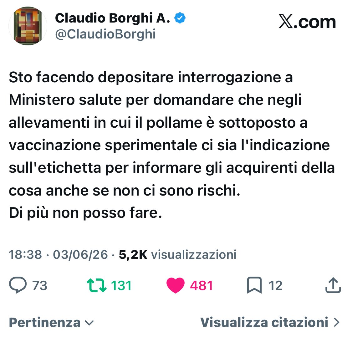 GfveGianfra's tweet photo. Qualcuno può scoprire chi avrebbe garantito a @ClaudioBorghi che la vaccinazione sperimentale degli avicoli in Veneto “non presenta rischi”?
Sarebbe interessante.

@szumskiriccardo @SandriAvv https://t.co/oZdzKSVnvB