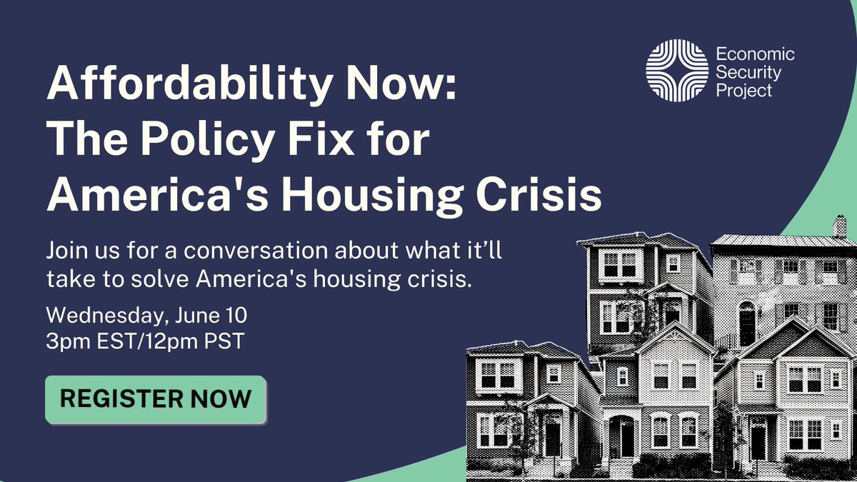 EconomicSecProj's tweet photo. Housing is the biggest expense most families face. And right now, it's nearly impossible for millions of Americans to get ahead of it — over 21 million households spend more than a third of their income on housing, and 62% of Americans say buying a home is simply unrealistic in 2026.

But the political will to change this is building. And we're meeting the moment.

Next Wednesday, June 10, at 3 pm ET / 12 pm PT, we’re hosting a virtual webinar to introduce our new report, “Building Affordability: The Policy Agenda for America's Housing Crisis,” a comprehensive roadmap spanning land use reform, expanded public housing options, industrial policy, direct cash support, and stronger tenant protections.

Register to join the conversation: https://t.co/byPHfeDsKQ