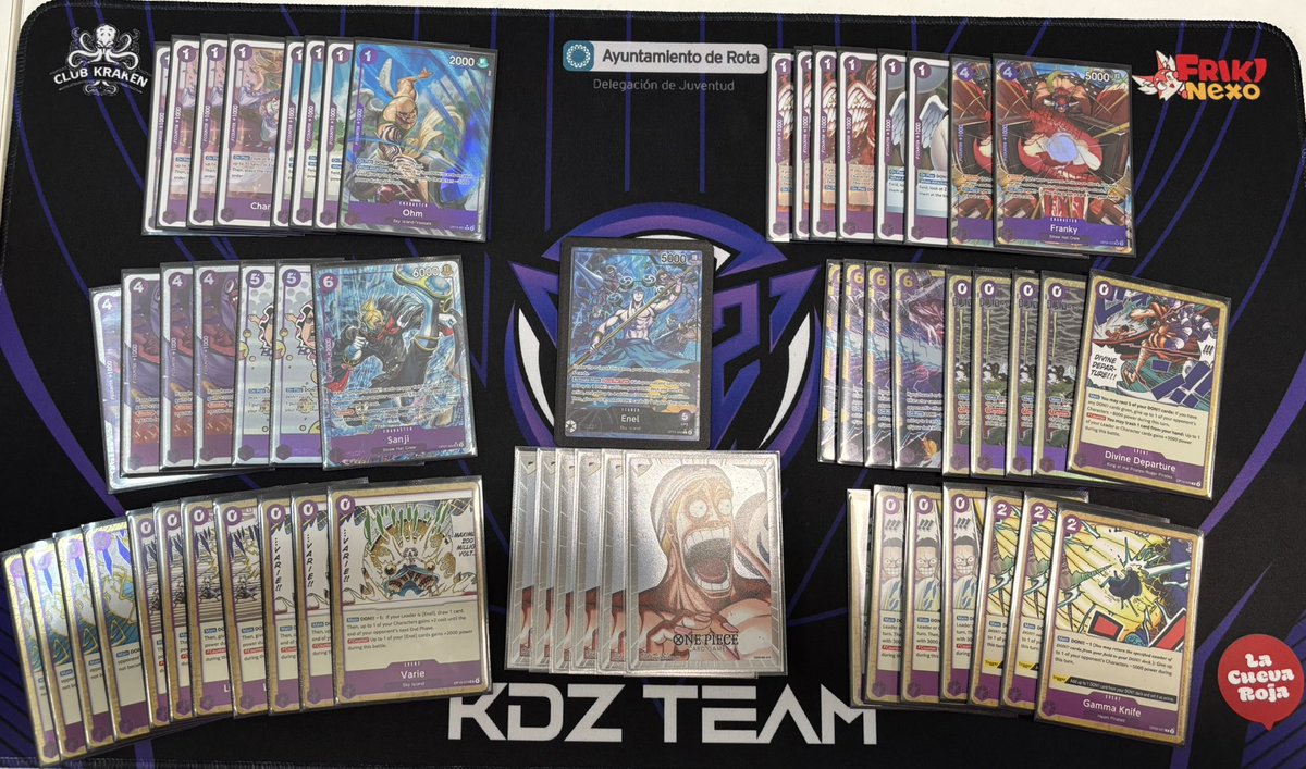 KDZBaute's tweet photo. Primer local de OP16 con 🟣Enel🟣 4-0 bien solido
Respecto a la lista que lleve en extended he cambiado un Sanji 2k y un Divine Departure por dos Satoris

R1 ⚫️Yamato
R2 🔵🟡 Boa @KDZMILLAN 
R3 🟣🟡 Rosinante @KDZPasta 
R4 🔴🔵 Ace https://t.co/2xZjzZRdss