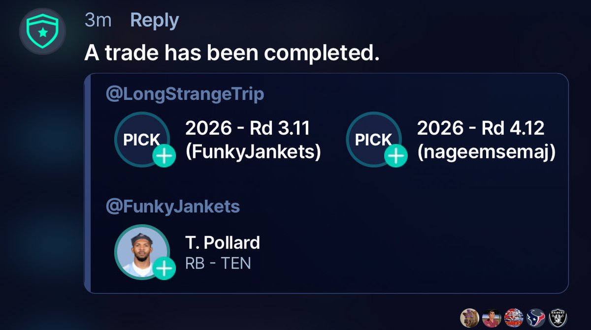 FunkyJankets's tweet photo. @DynastyAngleFF Just got this deal done. Tanking team needed rookie picks (he didn’t have enough taxi-eligible players to avoid cutting down his roster). I saw an opportunity and sent this. 

I’m contending, and my only other RBs were Judkins / Sampson, Javonte / Blue, and some bench guys. https://t.co/R0CBuh8Bxz