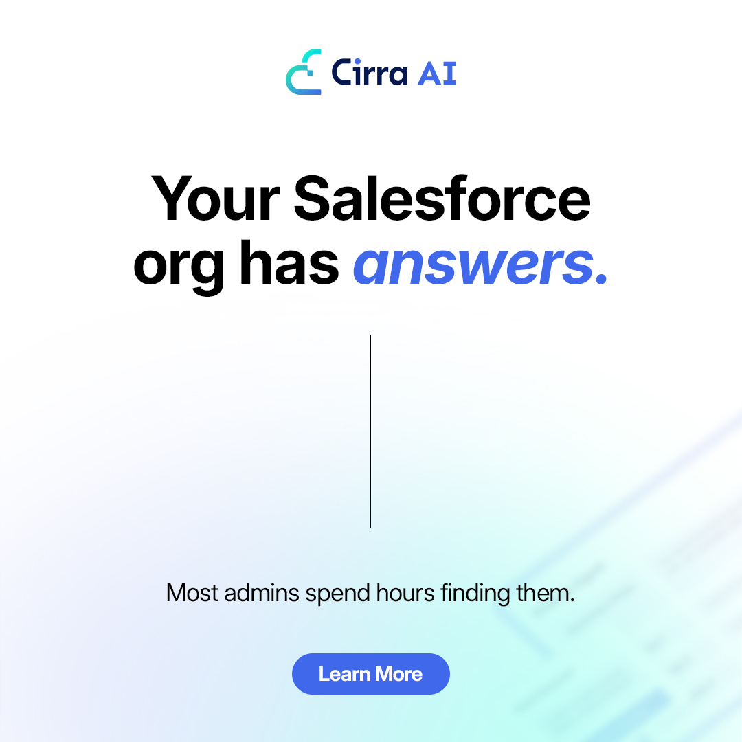 CirraAI's tweet photo. Cirra AI connects Claude directly to your Salesforce org via MCP - so you can ask questions and take action in plain English.  

The first commercial MCP server built for Salesforce admins. 

Learn more at https://t.co/AmNOXVnGpb 

#Salesforce #SalesforceAdmin #MCP #CirraAI https://t.co/0RpTaMAZcW