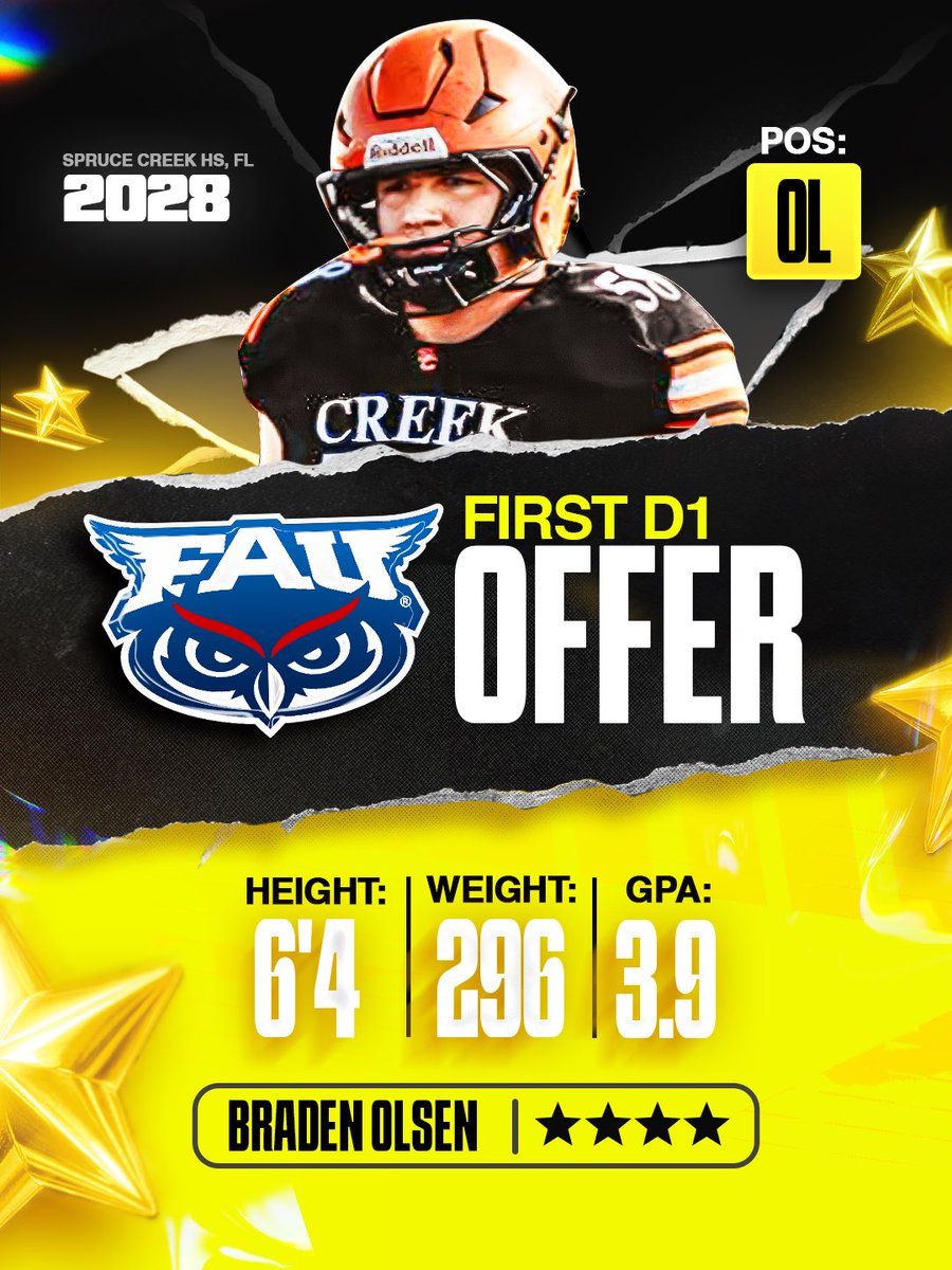 5StarFBRecruits's tweet photo. MEMBER OFFERED – 2028 4⭐️ OL Braden Olsen (@BradenOlsen2028) Picks up his FIRST D1 Offer from FAU!🌟

The 6’4 296 prospect out of Florida also holds a strong 3.9 GPA and is going to be one to watch!!👀💫 https://t.co/MmyPgAKXi9