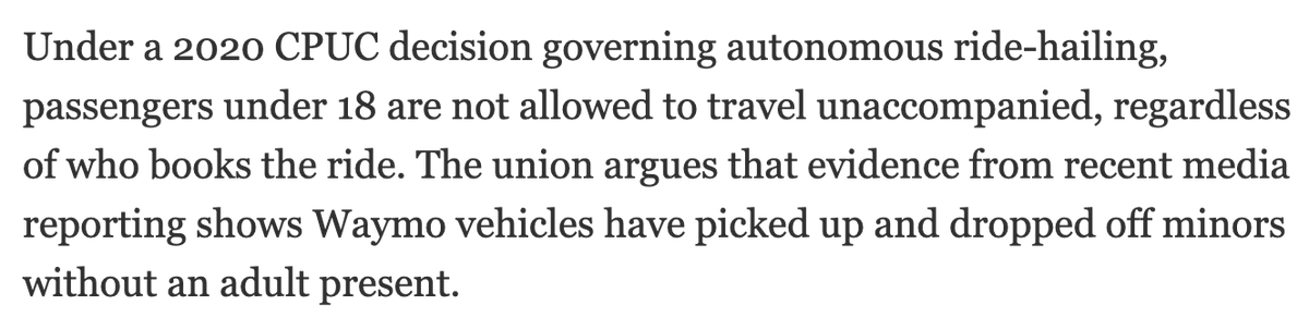 binarybits's tweet photo. Wait so in California a 17-year-old can drive a car but can't be a passenger in a Waymo by herself? https://t.co/OOHPeZJqDb