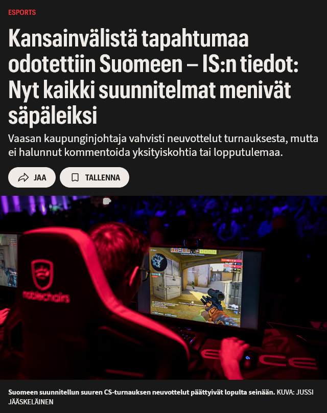 finkkaree's tweet photo. FINNISH OUTLET: The City of Vaasa has called the event off ❌

#esportsfi #cs2 https://t.co/onnAdiQ9NR