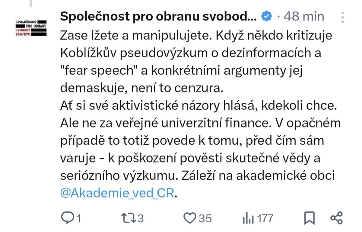 _Roman_Maca's tweet photo. 1/2 A je to tady. Fanatičtí cenzoři z nikým nevolené procenzurní politické neziskovky vedené kovorytcem s maturitou rozhodli o tom, že výzkum Mgr. Tomáše Koblížka, Ph.D. z Filosofického ústavu Akademie věd ČR je pseudovýzkum. https://t.co/LWwwkef8Sv