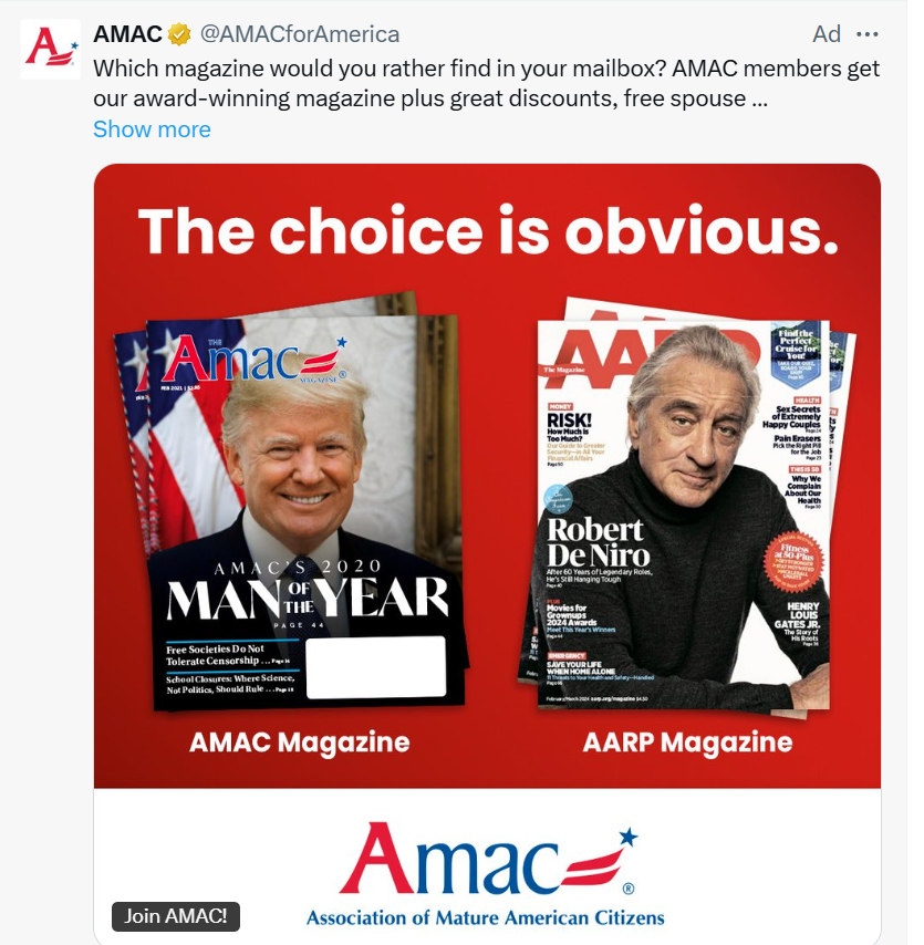 nickgillespie's tweet photo. If the choice is between AMAC and AARP, this fucking guy is going with OMAC every goddamn day of the week and twice on Sundays. https://t.co/jcnJJ3PUI0