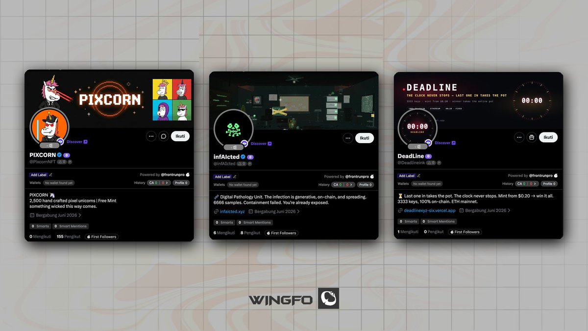 weingfo's tweet photo. Early NFT Watch

• @PixcornNFT
– 2,500 handcrafted pixel unicorns
– Free Mint
– Pixel-art themed collection
– "Something wicked this way comes"

• @infAIcted
– 6,666 onchain samples
– Digital pathology / infection narrative
– Fully onchain concept
– Dark experimental aesthetic

• @Deadlineink
– 3,333 keys
– Winner-takes-all mint concept
– Last one in takes the pot
– Built on Ethereum

• @punkrotdotart
– 2,222 PUNKROT
– Launching on Base
– "PunkRot is dead, PunkRot is forever"

• @Chuffsnft
– Minimalist NFT collection
– Built for internet culture
– Clean aesthetic approach

• @MinizenHQ
– NFTs on HyperliquidX
– Early Hyperliquid NFT ecosystem
– Low-follower early-stage project

• @Turtlefees
– Ethereum NFT project
– Pond economy & rarity mechanics
– Minting soon

• @dubinft
– Coming soon on Ethereum
– "If you know, you know"
– Limited information available

• @CLAYZ_hq
– CLAYZ on Ethereum
– Early-stage NFT project
– Building quietly

Still raw data.

Filter carefully, validate everything, and move early.

DYOR & NFA.