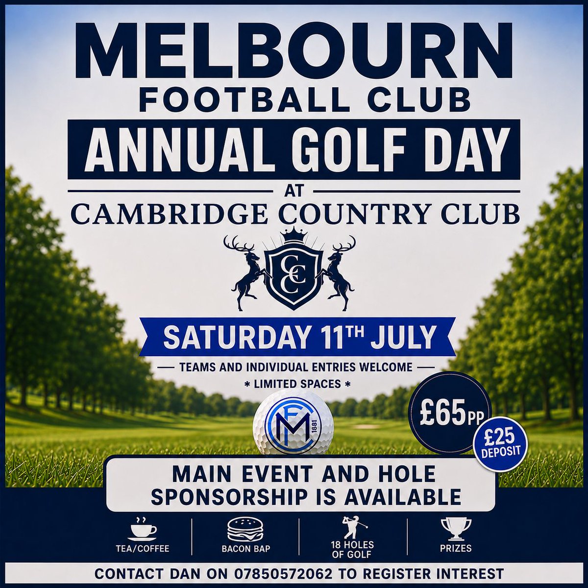 Melbourn_FC's tweet photo. 🏌️ Our annual Golf Day returns at Cambridge Country Club ⛳

📅 Saturday 11 July
💷 £65 per player

Hole sponsorship and main event sponsorship opportunities are also available.

To enter a team or enquire about sponsorship, get in touch.

#UpTheMelbourn #GolfDay https://t.co/jYuEm18x8t