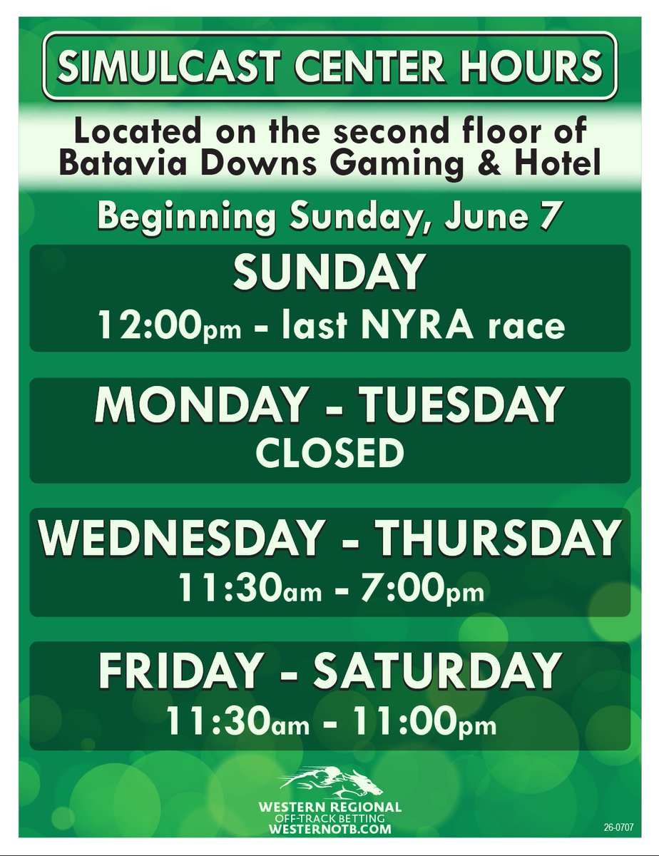 BDRacetrack's tweet photo. Heads up! Hours of operation for the Simulcast Center will be changing slightly, beginning on June 7, 2026. 

The Simulcast Center will be closed on Mondays &amp; Tuesdays. https://t.co/8BUxr8q8Xe
