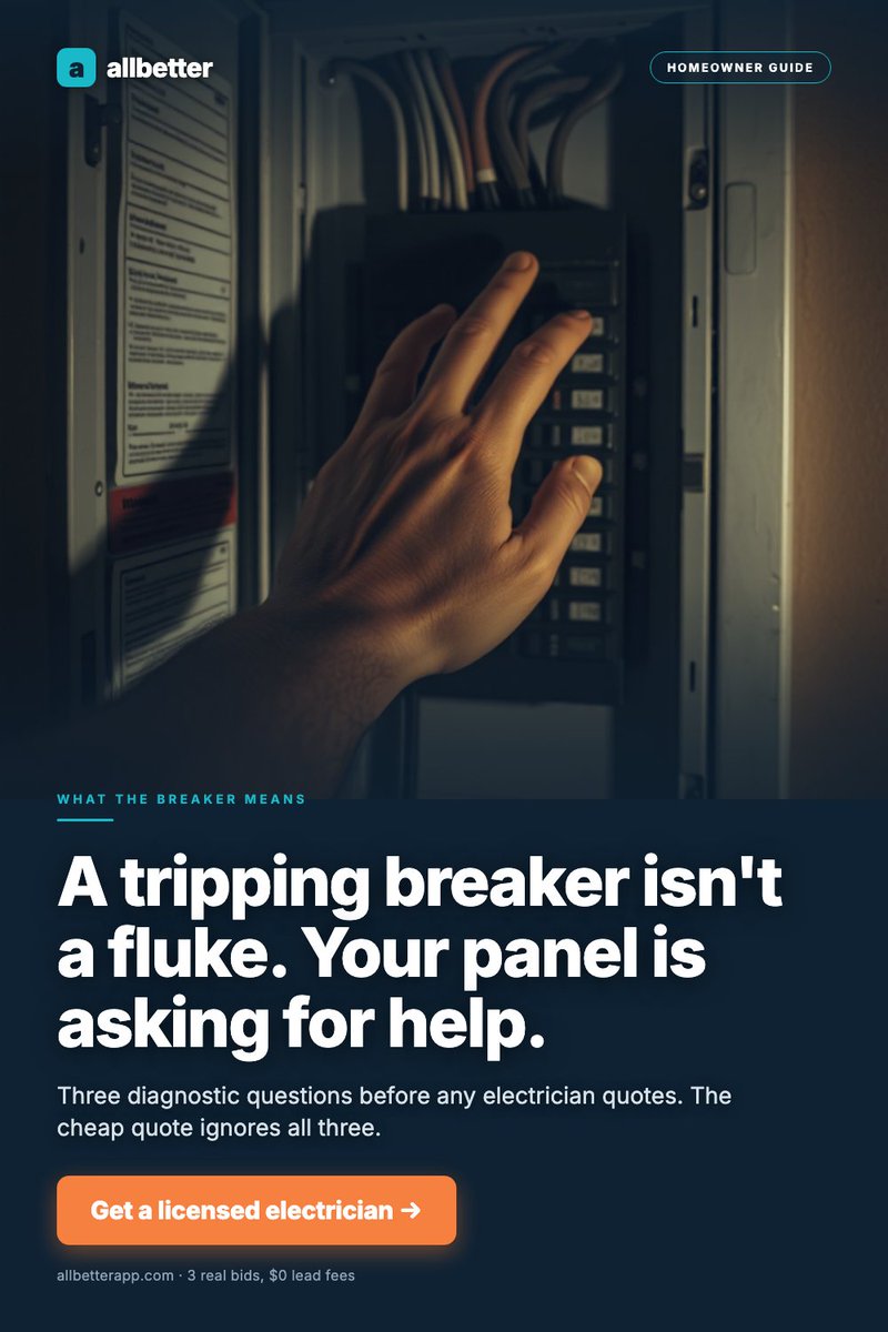 Allbetterapp's tweet photo. A tripping breaker is your panel telling you it can't handle your home's demand.

Ignore it and you risk an overloaded-circuit fire — or an emergency replacement at zero leverage.

200-amp upgrade 2026: $1,500–$4,000.
https://t.co/NEZDzOJSwQ https://t.co/VaSA7BTBkQ
