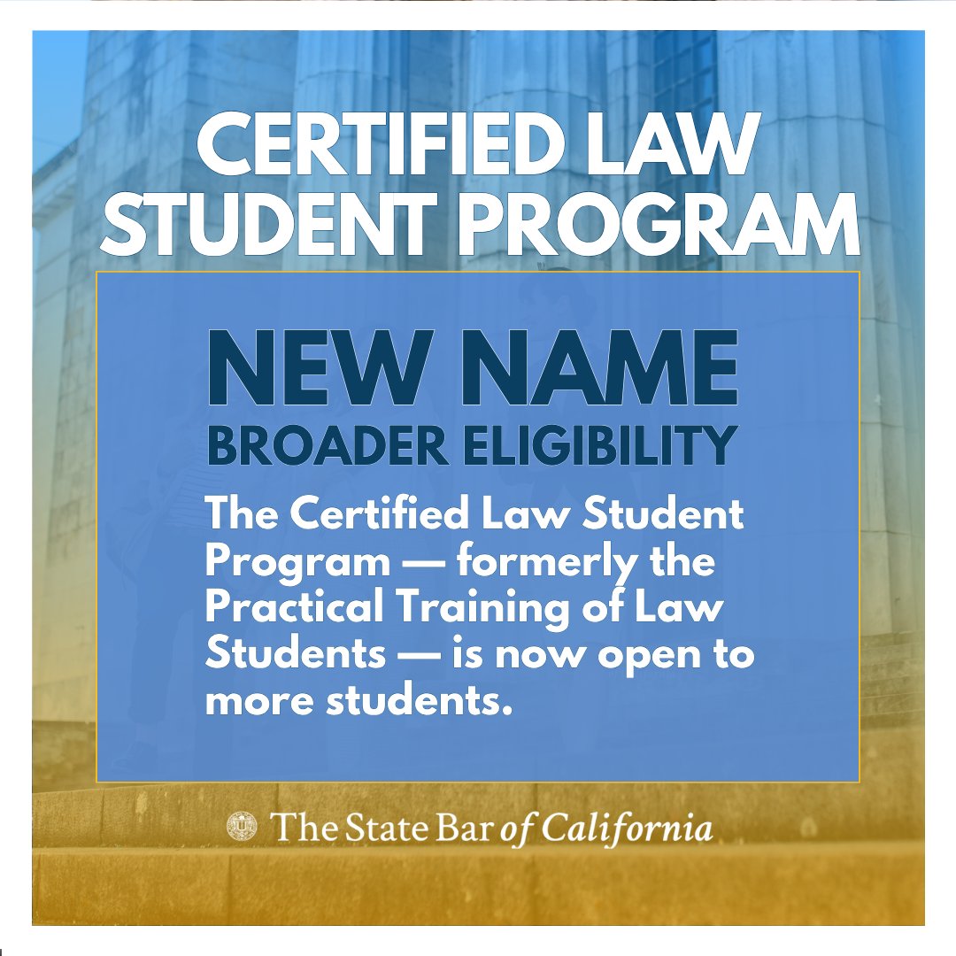 StateBarCA's tweet photo. The State Bar's Practical Training of Law Students Program has a new name — and expanded eligibility. 

Now called the Certified Law Student (CLS) Program, the update aligns with the California Rules of Court and broadens who can participate. JD students, LLM students, and those in the Law Office Study Program may all qualify to provide supervised legal services before passing the bar. 

If you're a law student looking to gain real legal experience, the CLS Program is worth exploring. Learn more and apply: https://t.co/94aKwhDRMh