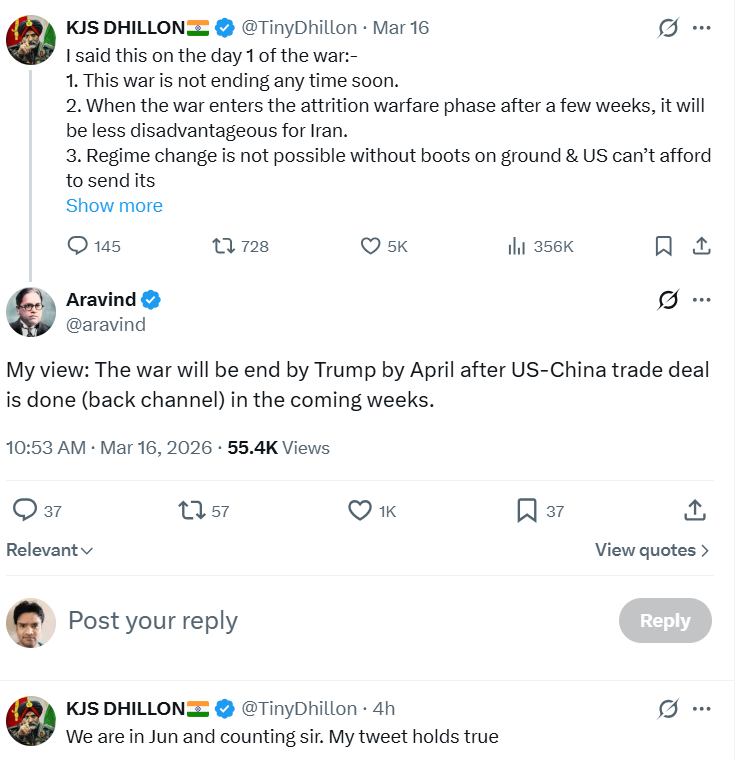 mitsinha's tweet photo. As they say in Hindi, "जिसका काम उसी को साजे, और करे तो डंडा बाजे".
Military stuffs - leave it to military pro.
@TinyDhillon  👏
Aravind's prediction fails too. @aravind https://t.co/uDHFaCd4TW