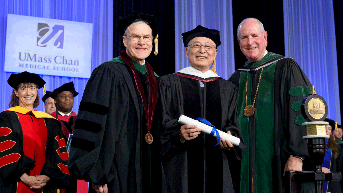 UMassChan's tweet photo. On Sunday, UMass Chan awarded honorary degrees to Monica M. Bertagnolli, MD, incoming president of @theNAMedicine; Robert A. Harrington, MD, dean of @WeillCornell; and philanthropist Gerald Chan. Get to know them in these video profiles: https://t.co/6pHQ30RVBU

#UMassChan2026 https://t.co/xJFRzkcmdO