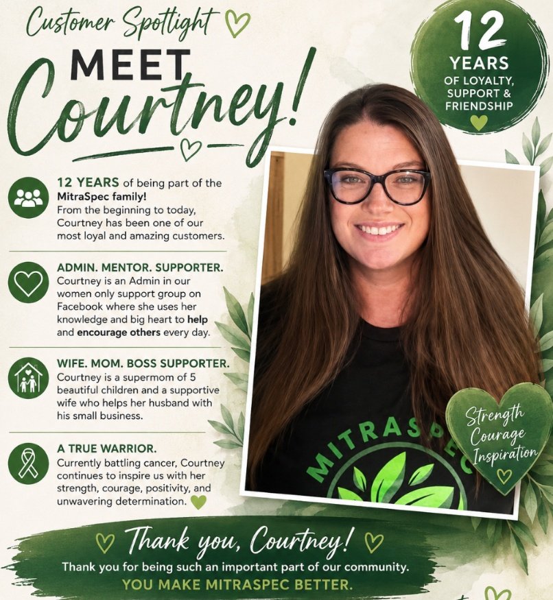 OGKratomQueen's tweet photo. 💚 Customer Spotlight: Meet Courtney! 💚

For the past 12 years, Courtney has been part of the MitraSpec journey. From the early days of our company to where we are today, she has been one of our most loyal supporters, and we're incredibly grateful for her friendship and support.

Many of you know Courtney as one of the amazing Admins in our women's-only Facebook support group. She's always willing to share her knowledge, offer encouragement, and help others navigate their wellness journeys with compassion and understanding.

Beyond that, Courtney is a devoted wife, an incredible mother of five, and helps support her husband's small business. She gives so much of herself to her family, her community, and the people around her.

Over the last 12 years, we've watched Courtney support countless people, and now we'd love for our community to surround her with the same love and encouragement she has given to so many others.

Courtney, thank you for being part of the MitraSpec family for over a decade. We are honored to know you, grateful for your friendship, and inspired by your courage every day. ❤️

#MitraSpecFamily #CustomerSpotlight #12YearsStrong #CancerWarrior #CommunityStrong #WomenSupportingWomen #MitraSpec #StrengthAndResilience #Family