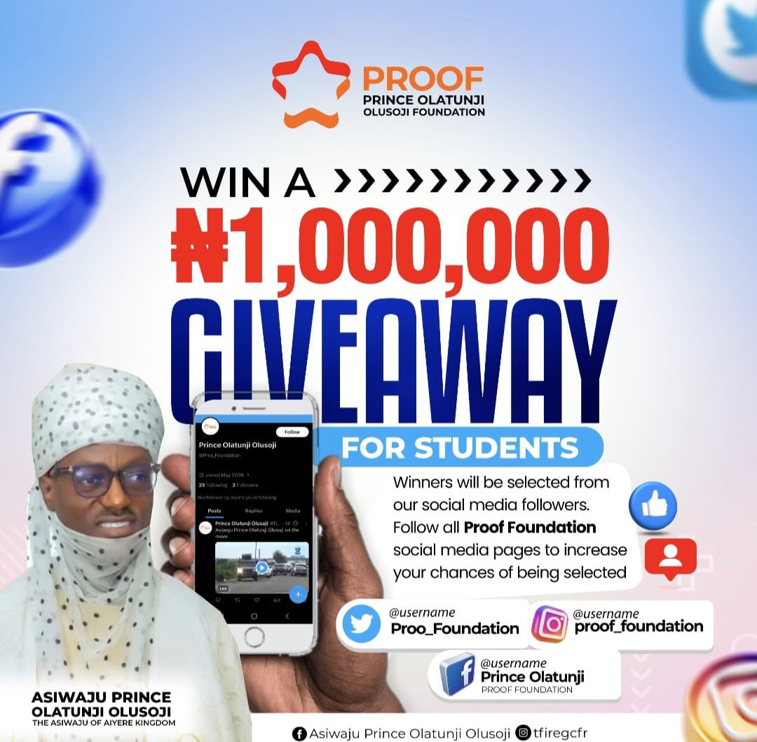 sunnyobass's tweet photo. @Proo_Foundation 1million naira give away for students who are genuinely in need.Winnners will be announced via the foundation social media accounts so ensure you are following 
Twitter ;@proo_foundation
Instagram; @proof_foundation
Facebook:Prince Olatunji 
Main page :@tfiregcfr https://t.co/dOEnpFCV6F