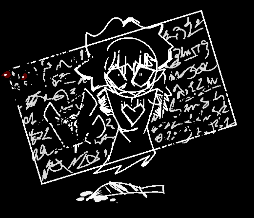 Probotomite's tweet photo. i forgot until after i posted this that i was literally hiding drawings in specific canvases because i was crazy paranoid. changing the paper color to black brings out even more stuff. i really should start depriving myself of sleep again https://t.co/0FLORLt74q