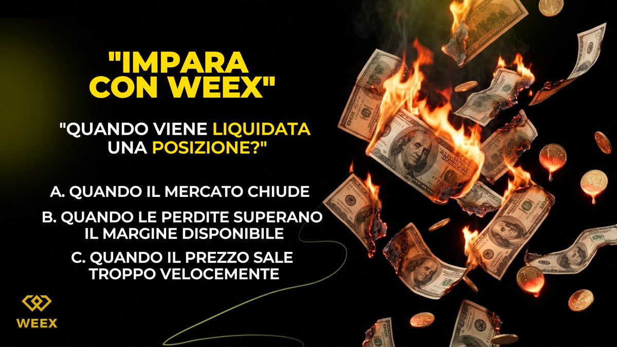 WEEX_Italian's tweet photo. 💸 Quando viene liquidata una posizione?

A. Quando il mercato chiude 
B. Quando le perdite superano il margine
C. Quando il prezzo sale troppo veloce

👇 Rispondi nei commenti! https://t.co/QCnIRnnVF9