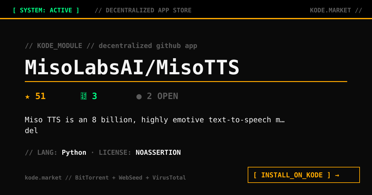 kodemarket01's tweet photo. @AodenTeoMT 🤝Nice!  Miso One is already indexed on KODE - along with 30M+ repos from GitHub &amp; GitLab. 🔍
Find it, verify the binary (SHA-256), and install safely. One search, all the code. 
➡️ https://t.co/NVcqHwzJhy
 #OpenSource #DevTools https://t.co/RvfjZFlAM1