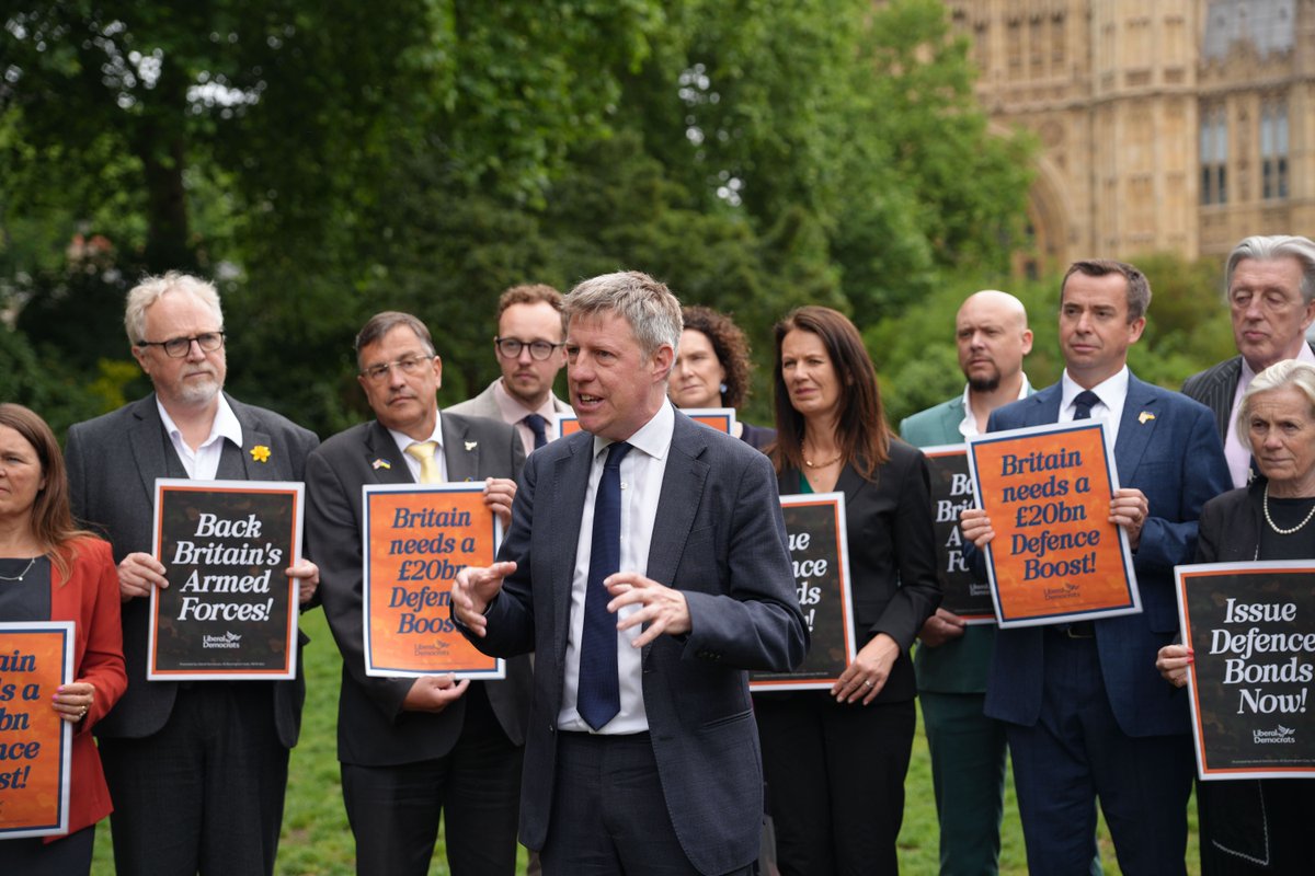 LibDems's tweet photo. In these volatile times, the Government must move much faster.

We’re urging them to commit to reaching 3% of GDP on defence by 2030, to adopt our £20 billion defence bond programme proposal and cancel their order of US jets to use the money saved to buy 12 new British-made Typhoon jets instead.