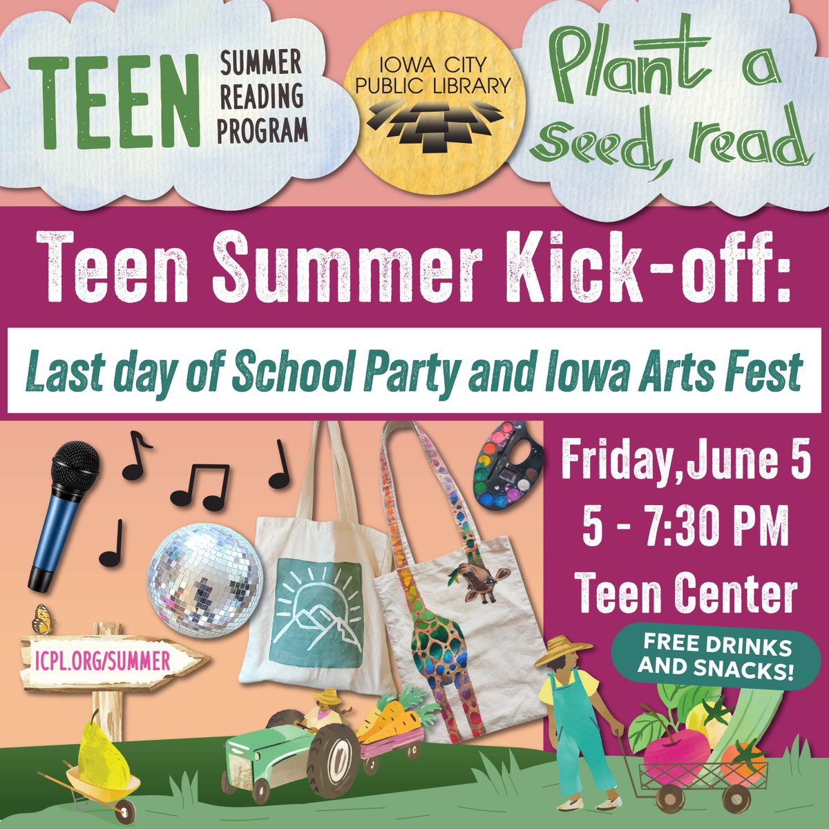 ICPL's tweet photo. Teens! Celebrate the end of school on Friday, June 5, from 5 to 7:30 p.m.! Make a mini disco ball, sing karaoke, design your own tote or cosmetic bag, and chill with your friends. Snacks and drinks will be provided. Afterwards, we’ll check out Arts Fest! https://t.co/jKio7lEC6Z https://t.co/JJp2FPol4k