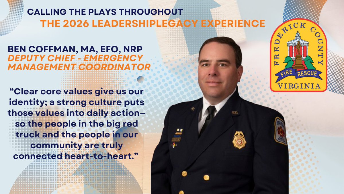 DoveDevelop's tweet photo. Proud to host the 2026 Leadership Legacy Experience and welcome Ben Coffman, MA, EFO, NRP — Deputy Chief and Emergency Management Coordinator for Frederick County Fire & Rescue — as our Emcee.

Ben brings deep expertise, strong leadership values, and a genuine passion for building culture that connects our teams and community heart-to-heart. Looking forward to an impactful day of growth, connection, and legacy-building with all of you.

June 12th at the Atlantic Union Bank Center! Check out the details and gain the values advantage by being in the room.
https://t.co/JcJBk3J7Tz
#LeadershipDevelopment #PublicService #2026LeadershipLegacy #Emcee #OrganizationalDevelopment #ValuesAdavantageFramework