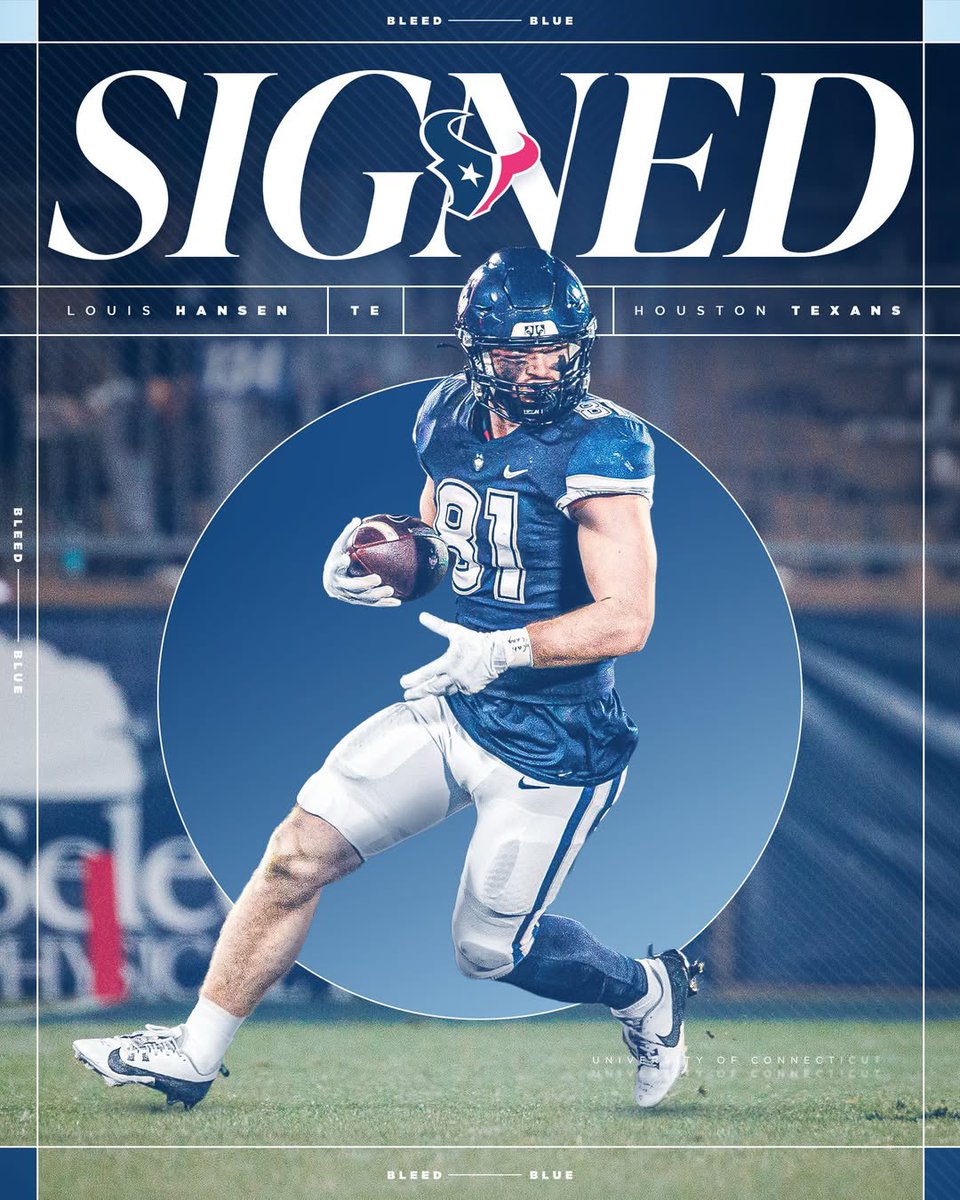 StorrsCentral's tweet photo. Former UConn TE Louis Hansen is officially a Houston Texan!

(Via @UConnFootball) https://t.co/zduCYYKJPS