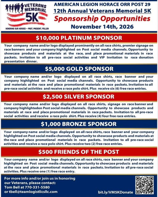 LegionPost29's tweet photo. The 12th Annual Veterans Memorial 5K is seeking community-minded businesses and organizations to help us honor our nation’s heroes while supporting programs that benefit veterans and military families.

Contact Tom Bell at 770-331-5580 to sponsor!
https://t.co/6uul75Nmnz https://t.co/adxpZAPD5G