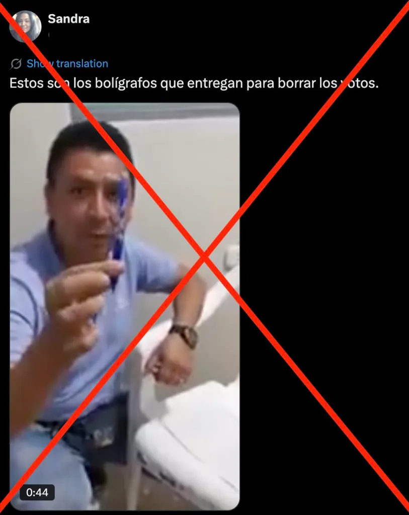 EFEVerifica's tweet photo. 🇨🇴 Este video no prueba que los lapiceros utilizados en las elecciones presidenciales de Colombia son borrables. 

📹 Se trata de unas imágenes que circulan al menos desde 2022 en Perú y que fueron desmentidas por autoridades electorales de ese país. 

https://t.co/yqR4hairni https://t.co/TvY10sC26i
