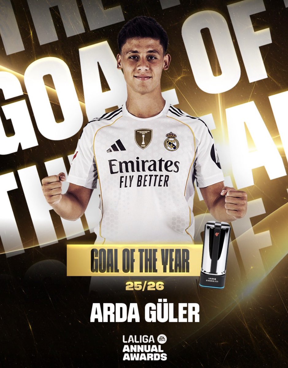iHQGuler's tweet photo. 🚨𝐎𝐅𝐅𝐈𝐂𝐈𝐀𝐋: Arda Güler’s goal against Elche wins La Liga GOAL OF THE YEAR 🏆⚽️🇹🇷 https://t.co/f7cihMlIma