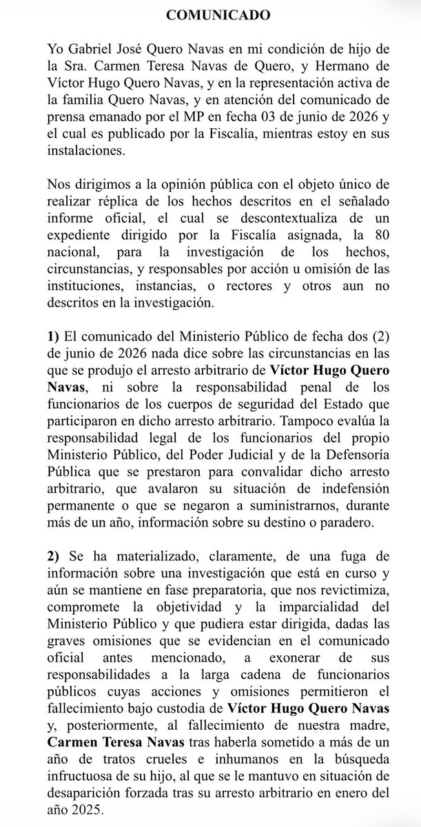 GabyGabyGG's tweet photo. Familia de Víctor Hugo Quero rechaza comunicado del MP. Señalan que hubo una “fuga de información sobre una investigación que está en curso y aún se mantiene en fase preparatoria, que nos revictimiza”.
Cuestionan que no se hable de investigar a los responsables. https://t.co/mSoHYdNQPH