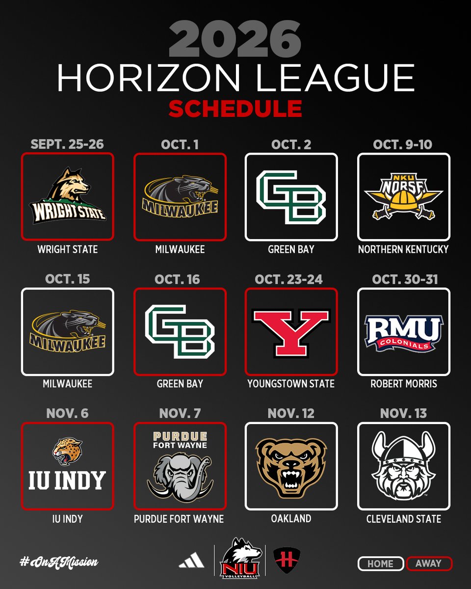 NIUVolleyball's tweet photo. A new Horizon 🐾

Our 2026 Conference Schedule is here 

🎟️https://t.co/ssX64g1pLH

#OnAMission | #GoHuskies https://t.co/gIrMTZsN3W