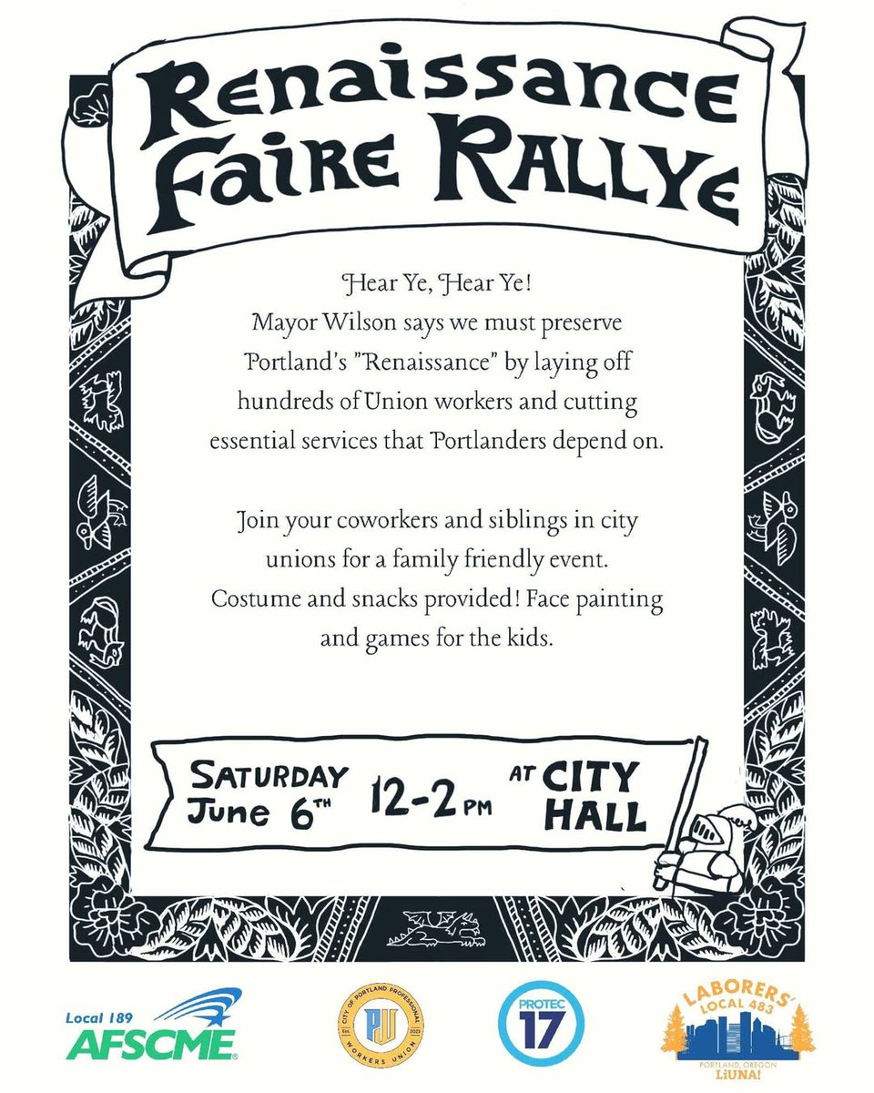 PTE17's tweet photo. PROTEC17 Portland Chapter Members‼️ We're just TWO days out from our Renaissance Faire Rallye on Saturday! Bring your coworkers, family, &amp; friend to tell Mayor Wilson: there's no renaissance w/o workers! 

📅 Sat., June 6
🕰️ 12-2 p.m.
📍 Terry Schrunk Plaza in front of City Hall https://t.co/n7yOzfqGIB
