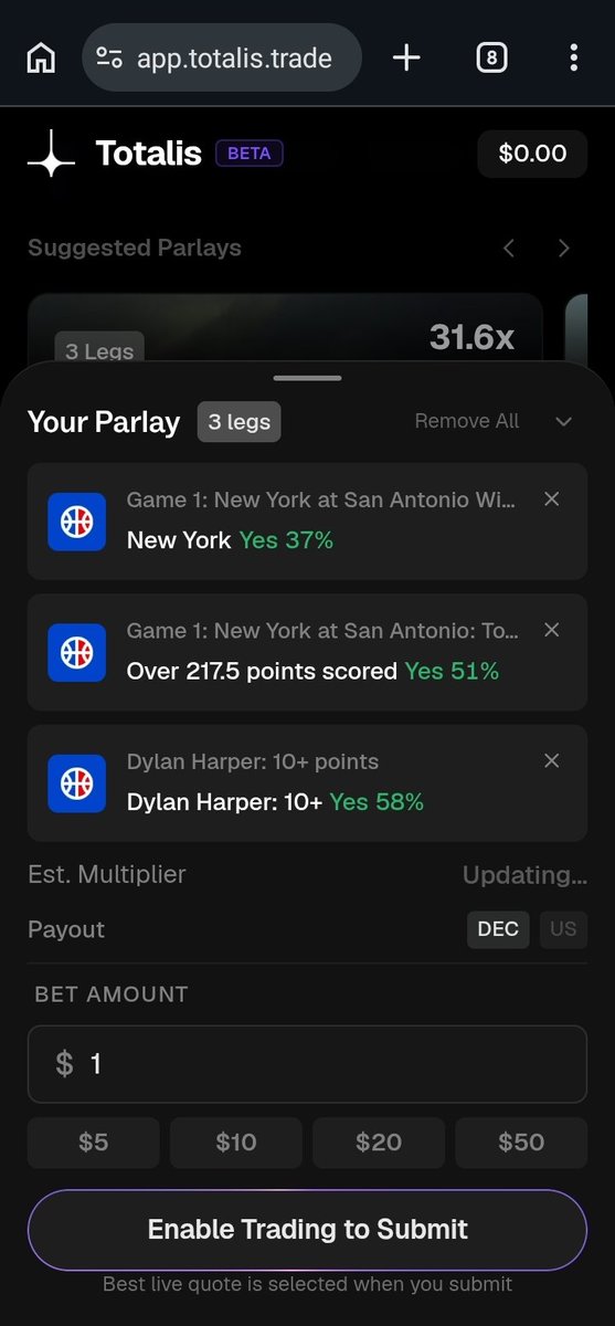 Soul_X55's tweet photo. @totalistrading One feature I found interesting was the parlay system. And that's what @totalistrading is all about. It's a different experience from traditional prediction markets because you can combine multiple outcomes into a single position. #Totalis #Parlays #PredictionMarkets https://t.co/NlE86yd0e2