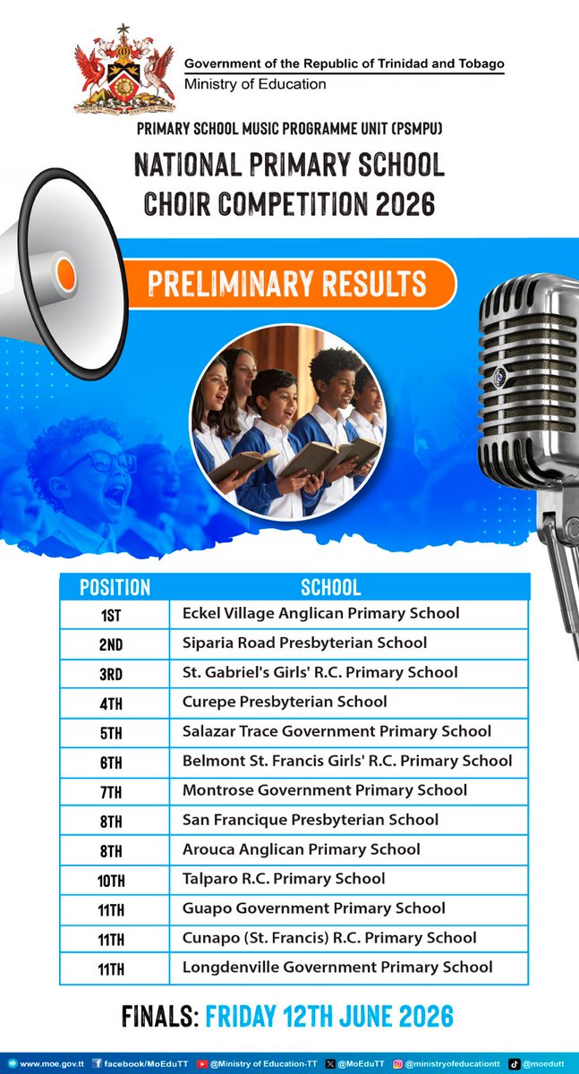 MoEduTT's tweet photo. ❗NATIONAL PRIMARY SCHOOL CHOIR COMPETITION 2026❗ 

Following a highly competitive preliminary stage, 13 outstanding choirs have earned places in the Finals on Friday 12th June 2026. 

Congratulations to all participating schools for their hard work.

#HolisticEducation https://t.co/zsmQDGEOth