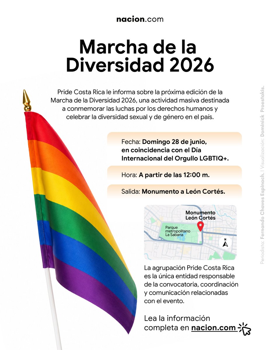 nacion's tweet photo. Detalles de la Marcha de la Diversidad 2026. 🏳️‍🌈 La cita está programada para el domingo 28 de junio al mediodía, iniciando su recorrido desde el Monumento a León Cortés.

Consulte todos los detalles del evento en https://t.co/3PycGSDz69 📅 https://t.co/p0fZ7G6Msf