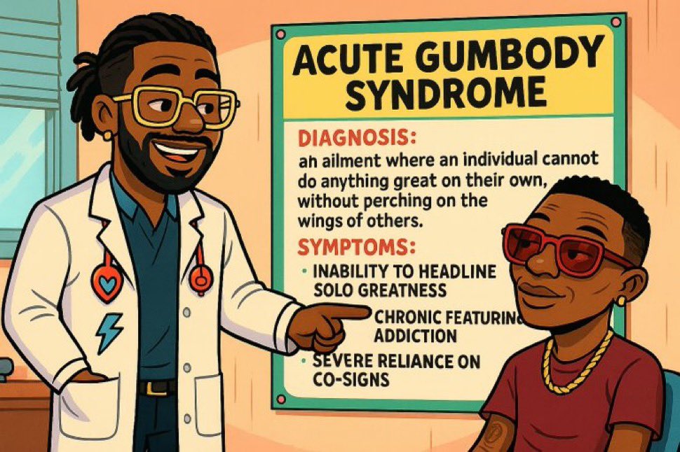 DonCorleone707's tweet photo. Wizkid suffers from:
Acute Gumbody syndrome 🦠
Symptoms:
- Inability to headline Solo Greatness 
- Chronic featuring addiction 
- Over reliance of Co-Signs

Prescription meds: VITAMIN SOLO 💊 https://t.co/VZTR0fxxAU