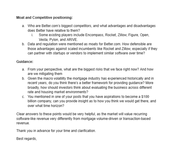 FelixKern2's tweet photo. Hey @vishal_better, on behalf of Better’s retail shareholder community, we’re sharing a constructive letter with questions on Tinman AI ARR, SBC, financing, partnerships, guidance, and long-term strategy. We ask because we care deeply about the business and the stock. $BETR https://t.co/EW9p49cQ8C