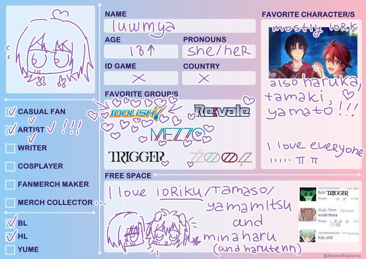 luwmya_i7's tweet photo. luwmya / hime
she / her
looking for ainana mutuals!! (´°̥̥̥̥̥̥̥̥ω°̥̥̥̥̥̥̥̥`)
#IDOLiSH7Intro #promotwt ?
#I7twt #I7intro https://t.co/GfHA6U6cRy