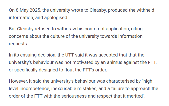 owenboswarva's tweet photo. University of Exeter is apparently the first public authority to be fined for contempt of court in an FOI case https://t.co/IxCj7Mv6zU (England and Wales)

Cleasby v University of Exeter &amp; Anor [2026] UKUT 187 (AAC) https://t.co/2S3qqBCj1O

FAFO I guess https://t.co/YR1fGR7uBG